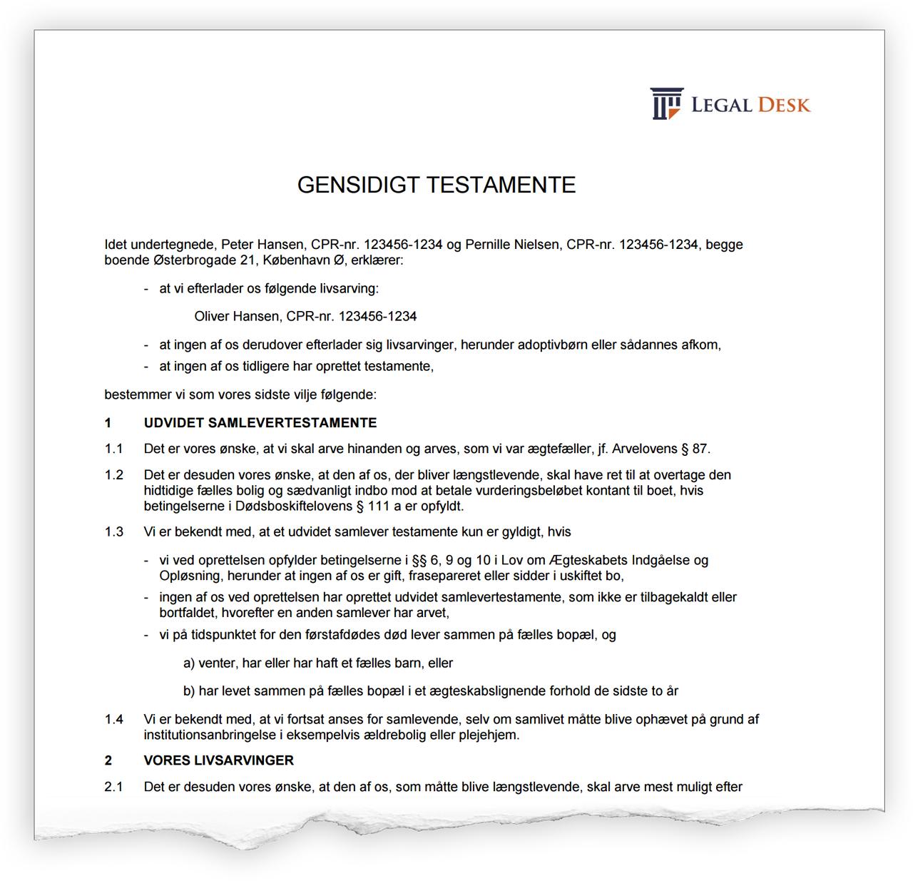 Eksempel på testamente Eksempel på testamente