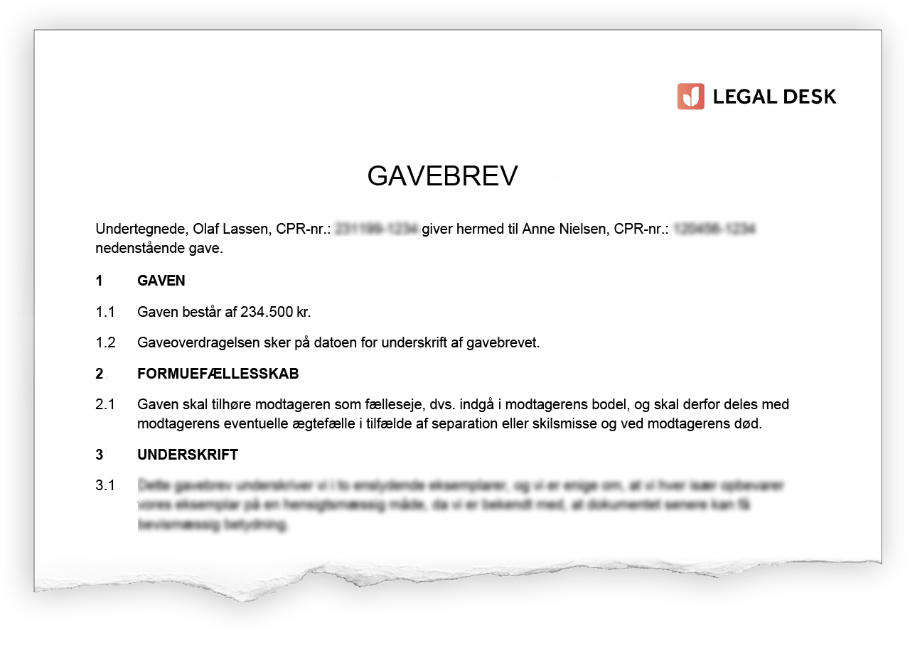 Gavebrev eksempel - Lav et gavebrev for 349 kr. - Legal Desk