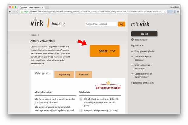 start aendring på virk.dk