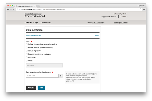 tilfoej dokumentation på virk.dk