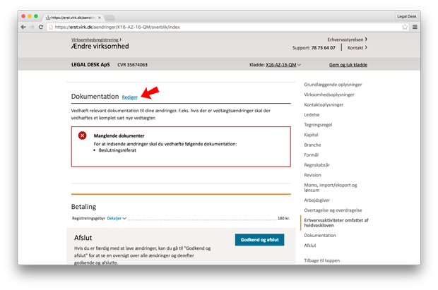 rediger dokumentation paa virk.dk