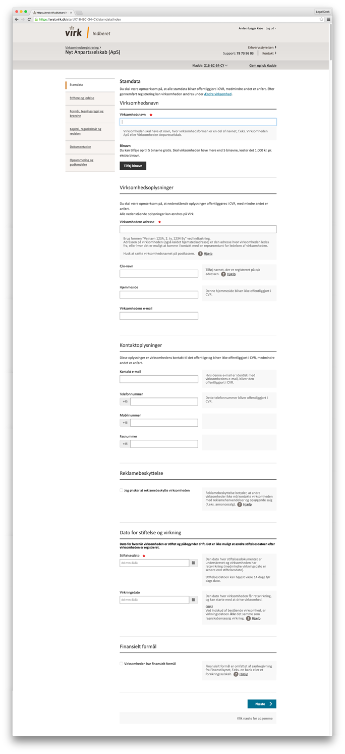 Indtast stamdata for selskabet