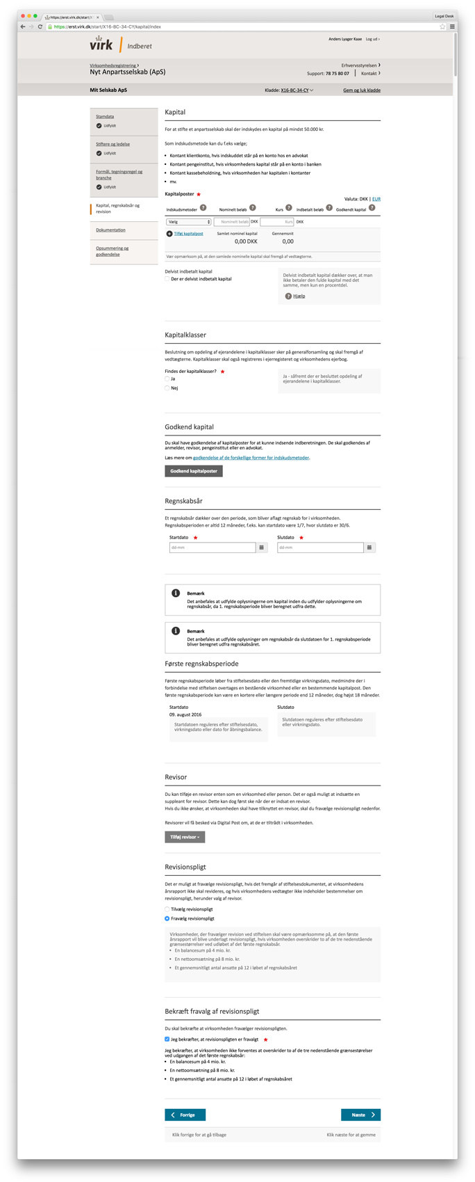 Indtast kapital, regnskabsår og revision