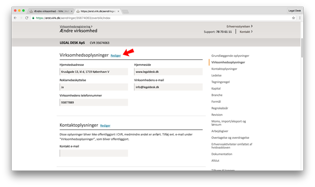 “Rediger virksomhedsoplysninger